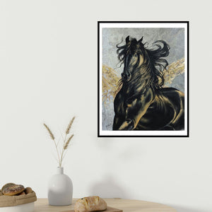 Deven Ramesh Bhosale's 'Horse 01 (Black Beauty)' painting visualized above a sofa in a contemporary room.