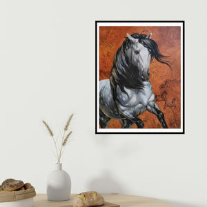 Deven Ramesh Bhosale's 'Horse 03 (Desert Spirit)' painting visualized above a sofa in a contemporary room.