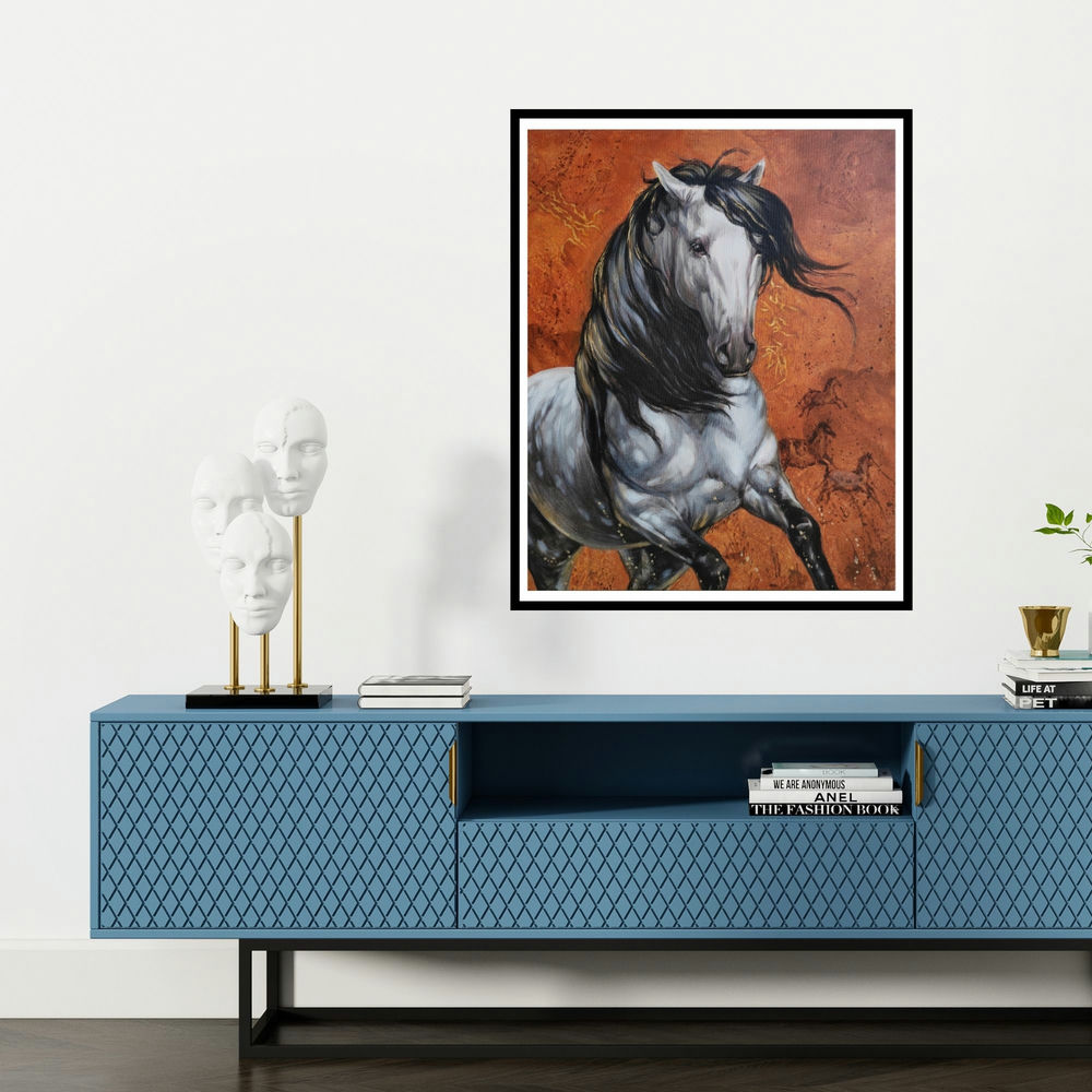 'Horse 03 (Desert Spirit)' painting by Deven Ramesh Bhosale shown on a wall in a furnished room.