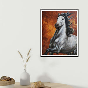 Deven Ramesh Bhosale's 'Horse 04 (Blaze of Glory)' painting visualized above a sofa in a contemporary room.