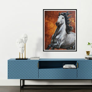 'Horse 04 (Blaze of Glory)' painting by Deven Ramesh Bhosale shown on a wall in a furnished room.