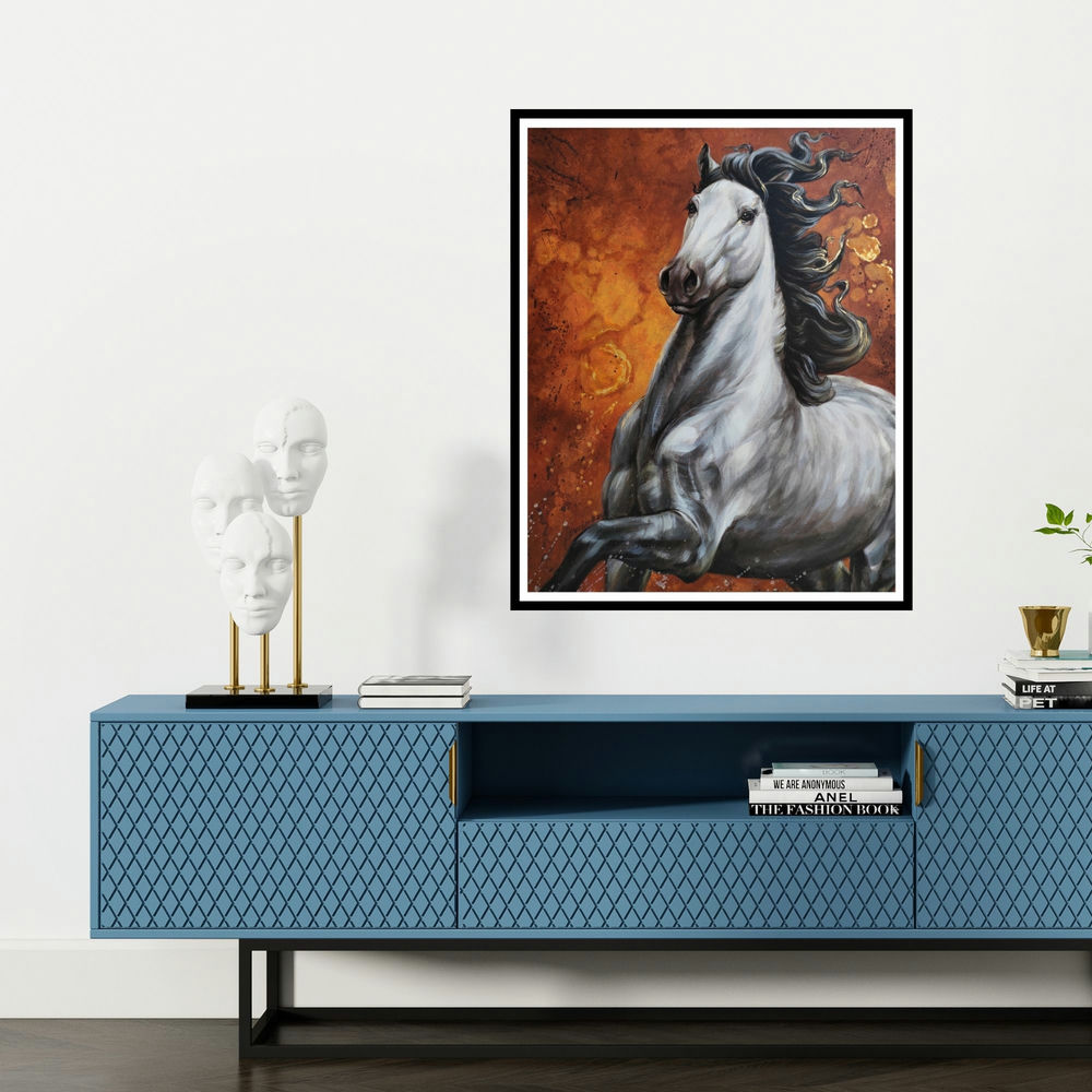 'Horse 04 (Blaze of Glory)' painting by Deven Ramesh Bhosale shown on a wall in a furnished room.