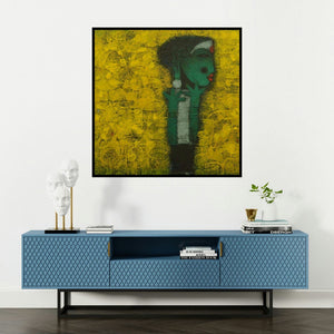 'Devi (Emerald Gaze)' painting by Basuki Dasgupta shown on a wall in a furnished room.