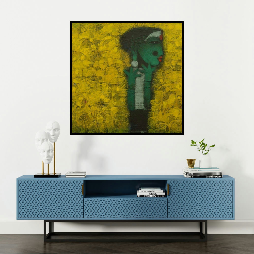 'Devi (Emerald Gaze)' painting by Basuki Dasgupta shown on a wall in a furnished room.
