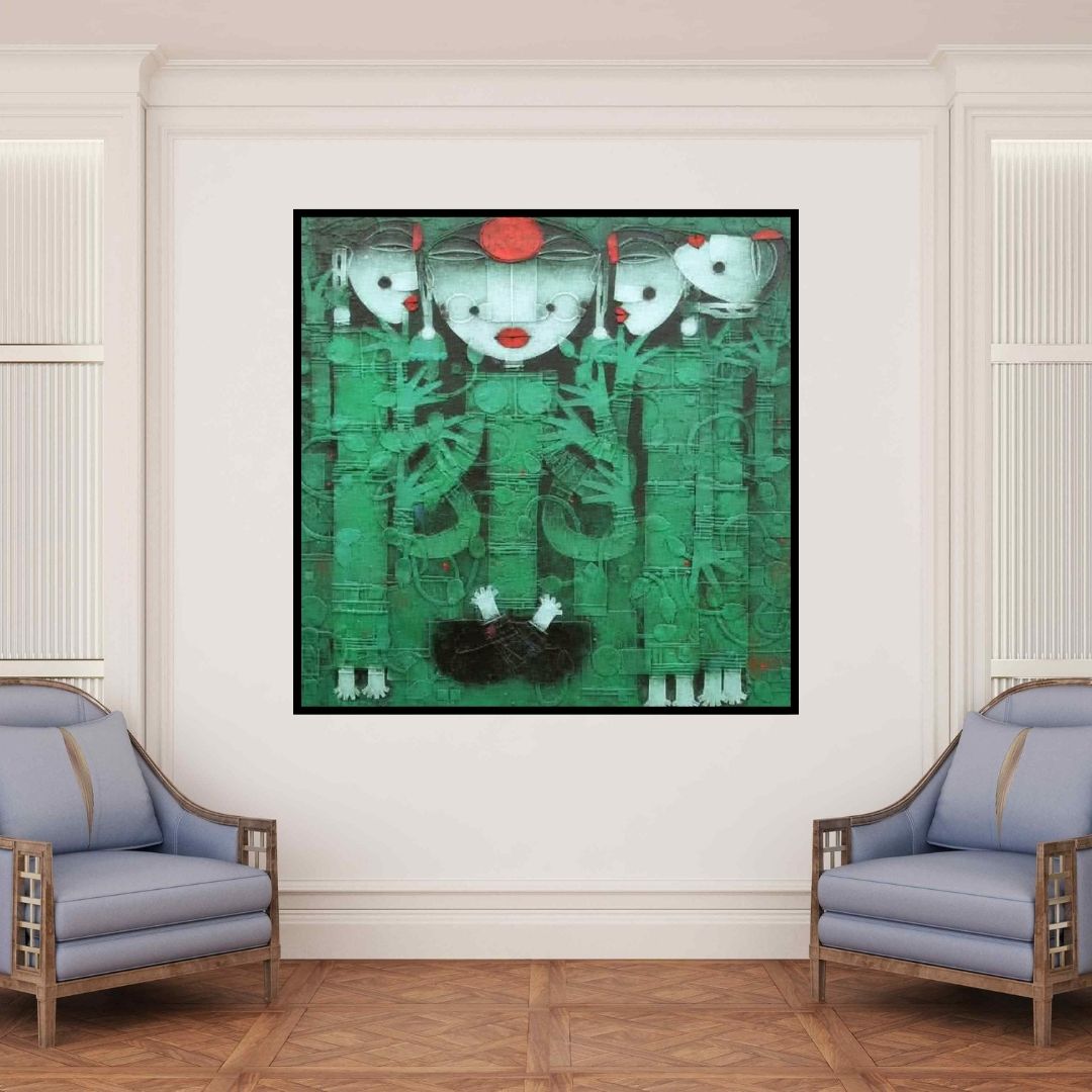 In-situ view of Basuki Dasgupta's 'Devi 2 (The Veiled Figures)' painting in a room