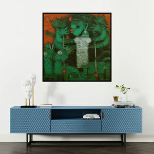 'Devi 4 (Primal Power)' painting by Basuki Dasgupta shown on a wall in a furnished room.