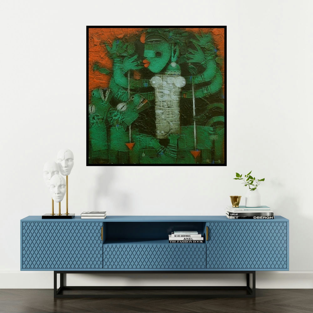 'Devi 4 (Primal Power)' painting by Basuki Dasgupta shown on a wall in a furnished room.