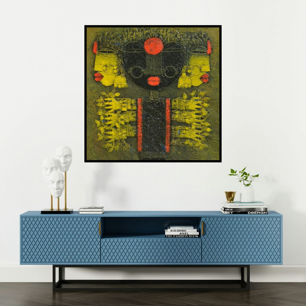 'Devi 5 (Ancient Echoes)' painting by Basuki Dasgupta shown on a wall in a furnished room.