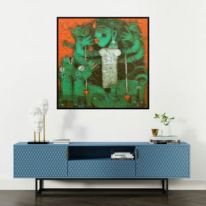 'Devi' painting by Basuki Dasgupta shown on a wall in a furnished room.