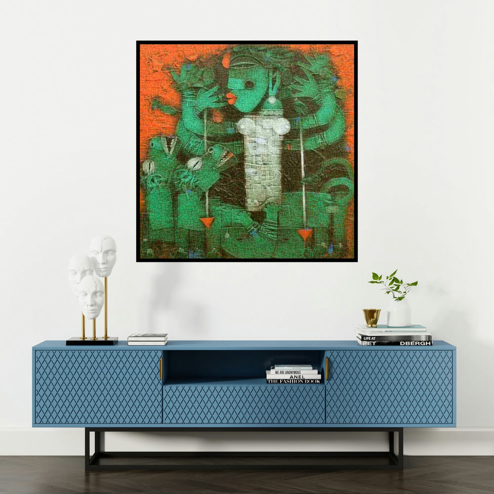 'Devi' painting by Basuki Dasgupta shown on a wall in a furnished room.