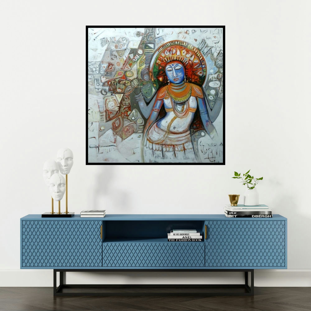 'Devi (Abstract Deity)' painting by Rajesh Kumar Singh shown on a wall in a furnished room.