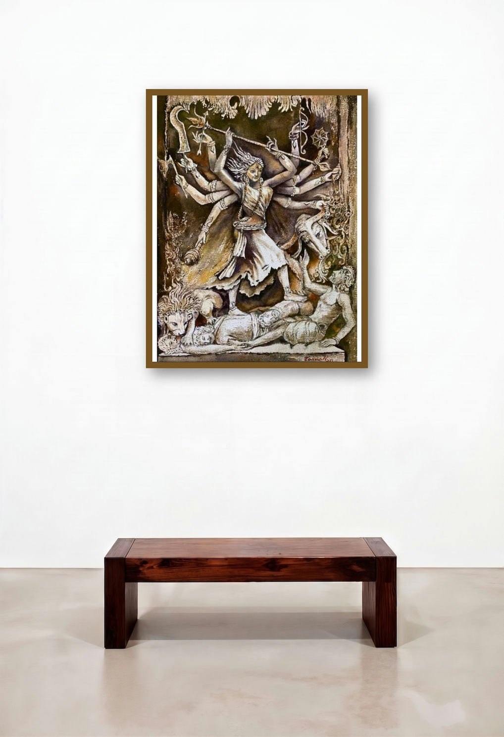 Devi Durga (Durga The Invincible Force) by artist Barnali Ray displayed in a Contemporary Foyer