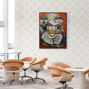 Manas Jena's painting 'Devi Ganeshi (Ganesha with Five Figures)' displayed in a modern living room setting