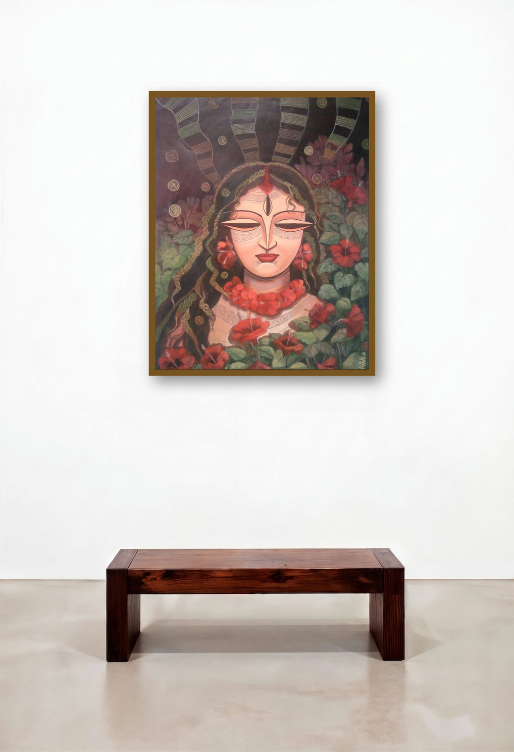 Devi Ii (Crimson Offering) by artist Devirani Dasgupta displayed in a Scandinavian Dining Room