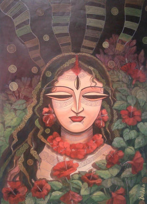 Devi Ii (Crimson Offering) by Devirani Dasgupta, Original Mixed Media Figurative Painting on Canvas, Medium Vertical Wall Art