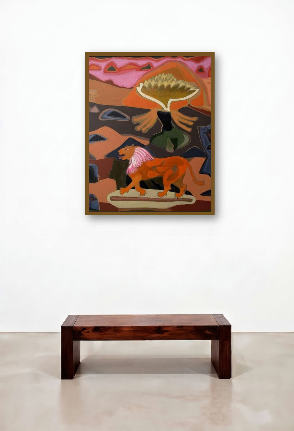 Devi On Lion (Lion in Mystic Landscape) by artist Rohit Joshi displayed in a Industrial Executive Office