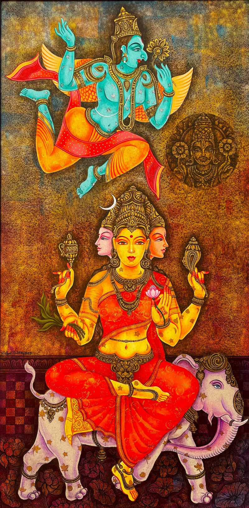 Religious acrylic painting titled 'Devi Prakriti Riding On Airavata', 60x30 inch, by artist Vishal Sablley on Canvas