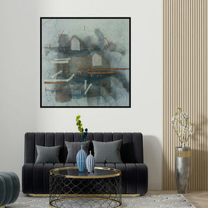 Narendar Mukherjee's 'Deviation Of Nature 2 (Abstract Structures)' painting visualized above a sofa in a contemporary room.