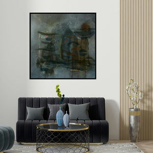 Narendar Mukherjee's 'Deviation Of Nature 3 (Nocturne)' painting visualized above a sofa in a contemporary room.