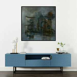 'Deviation Of Nature 3 (Nocturne)' painting by Narendar Mukherjee shown on a wall in a furnished room.