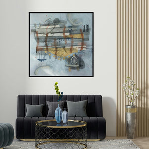 Narendar Mukherjee's 'Deviation Of Nature 4 (Abstract Composition)' painting visualized above a sofa in a contemporary room.