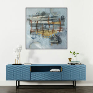 'Deviation Of Nature 4 (Abstract Composition)' painting by Narendar Mukherjee shown on a wall in a furnished room.