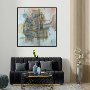 Narendar Mukherjee's 'Deviation Of Nature 5 (Layered Abstraction)' painting visualized above a sofa in a contemporary room.