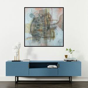 'Deviation Of Nature 5 (Layered Abstraction)' painting by Narendar Mukherjee shown on a wall in a furnished room.