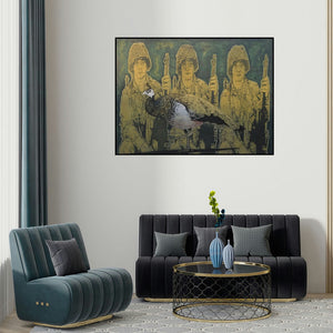 Rama Reddy's 'Devoir' painting visualized above a sofa in a contemporary room.