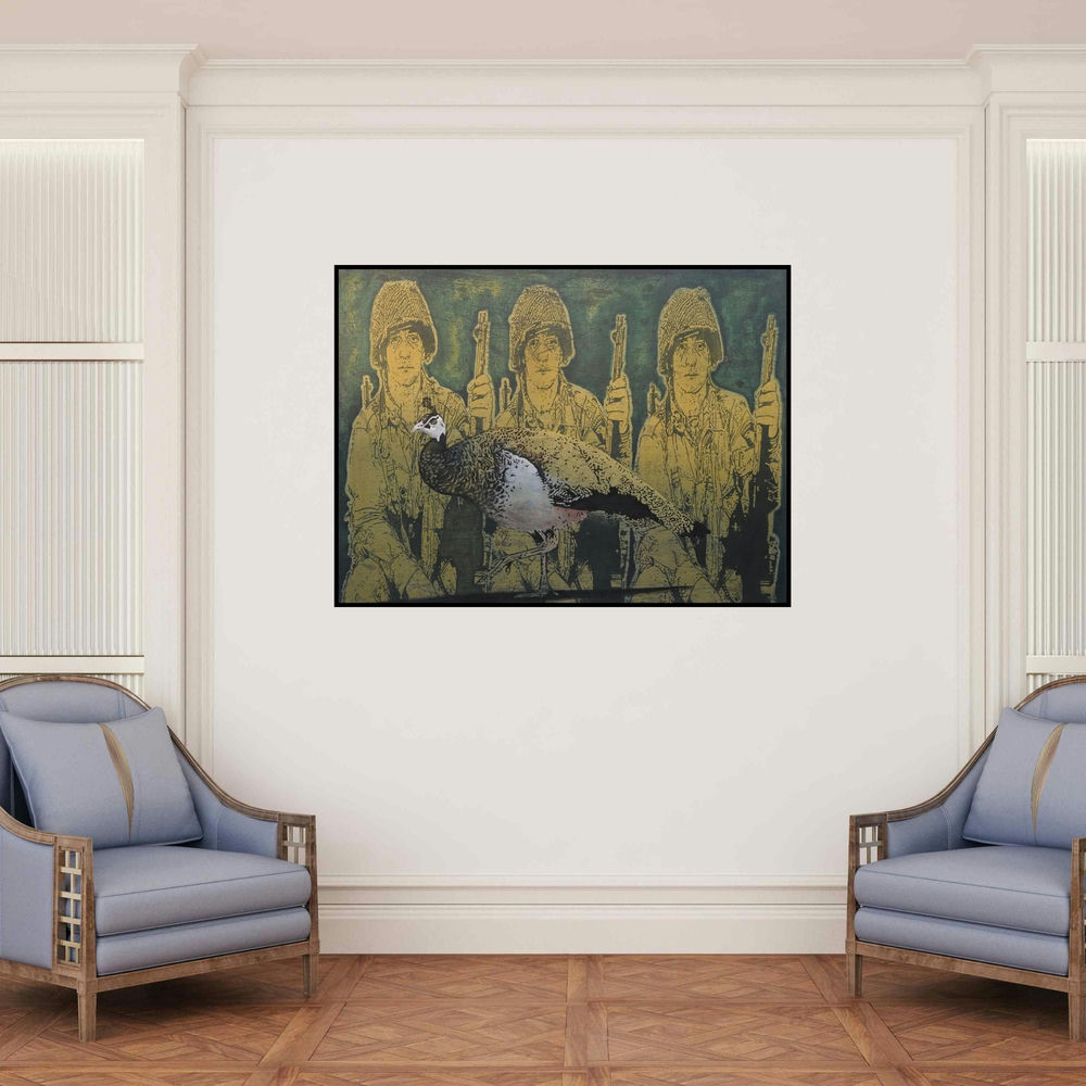 'Devoir' painting by Rama Reddy shown on a wall in a furnished room.