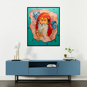 Deepali Mundra's 'Devotation' painting visualized above a sofa in a contemporary room.