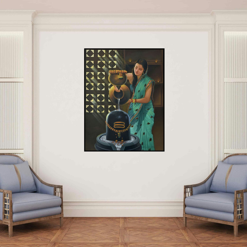 'Devotee (Devotion and Purity A Woman's Offering to Shiva)' painting by Kamal Rao shown on a wall in a furnished room.