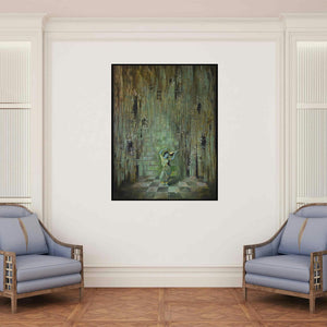 'Devotee (Musician in Ruins)' painting by Durshit Bhaskar shown on a wall in a furnished room.