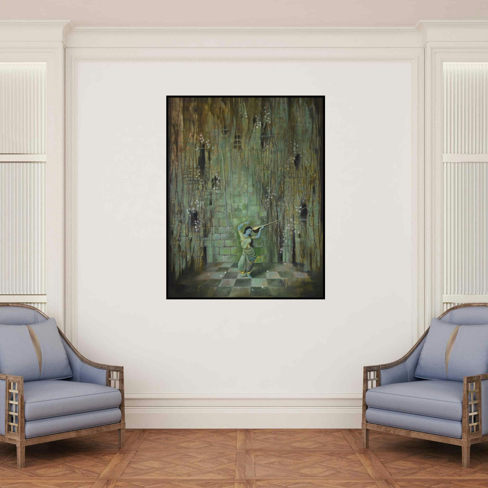 'Devotee (Musician in Ruins)' painting by Durshit Bhaskar shown on a wall in a furnished room.