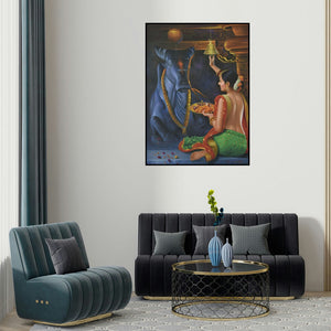 Kamal Rao's 'Devotee (Woman Worshipping Nandi)' painting visualized above a sofa in a contemporary room.