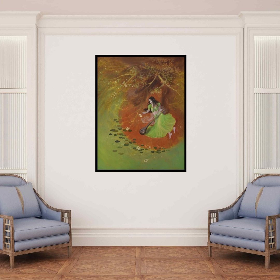 In-situ view of Durshit Bhaskar's 'Devotee (A Moment of Tranquility)' painting in a room