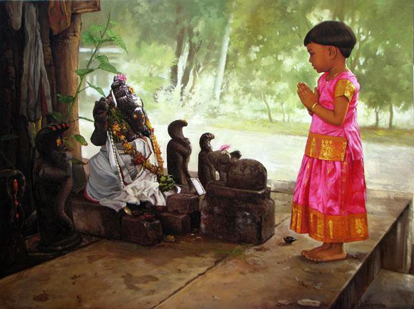 Figurative oil painting titled 'Devotee I', 18x24 inches, by artist S Elayaraja on Canvas