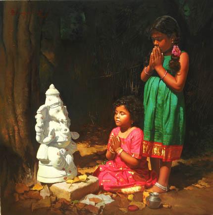 Figurative oil painting titled 'Devotee IV', 18x24 inches, by artist S Elayaraja on Canvas