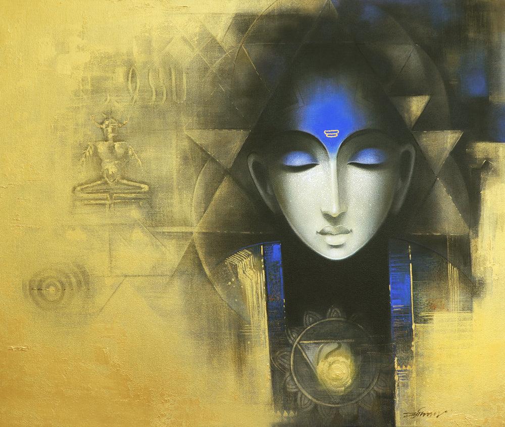 Religious acrylic charcoal painting titled 'Devotee Of Pashupati 1', 30x36 inches, by artist Somnath Bothe on Canvas