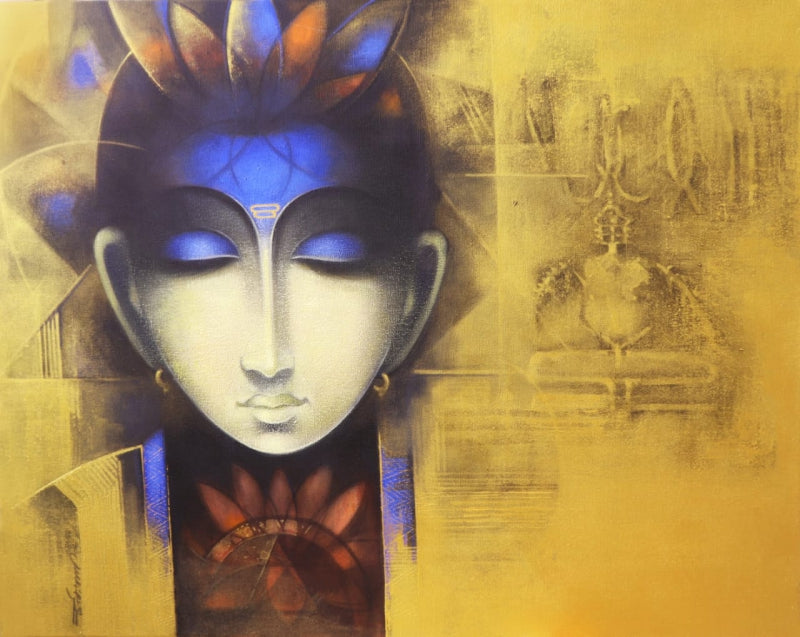 Religious acrylic-charcoal painting titled 'Devotee Of Pashupati', 24x30 inch, by artist Somnath Bothe on Canvas