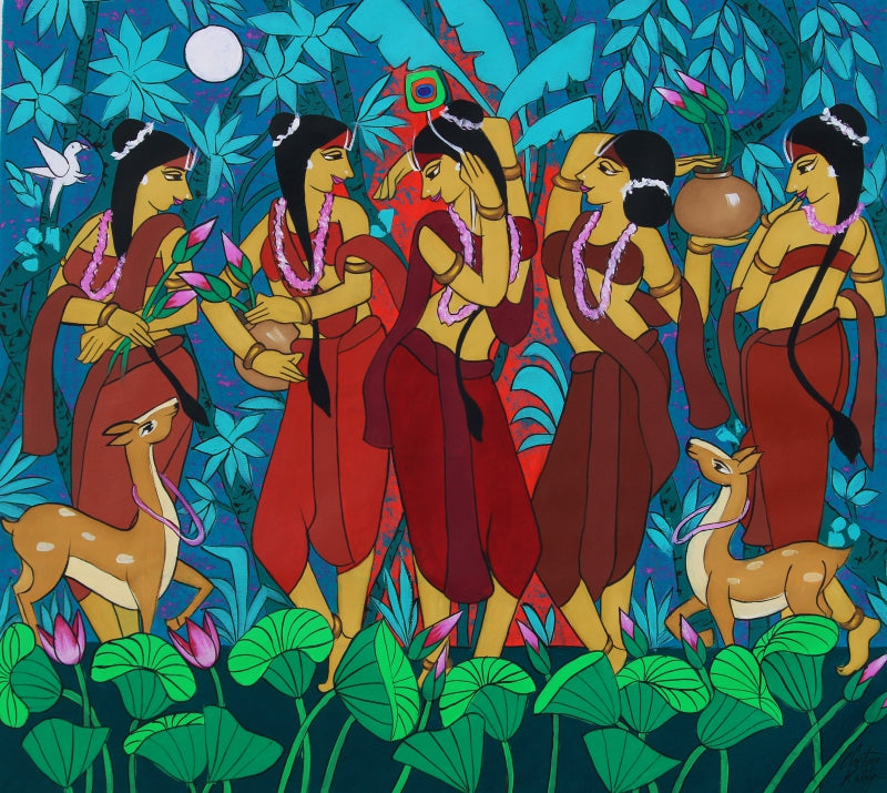 Devotees' religious acrylic painting by artist Chetan Katigar, 34x37 inch, on canvas
