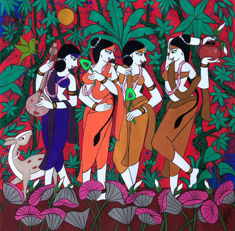 'Devotees' religious acrylic painting by artist Chetan Katigar, 36x36 inch, on canvas