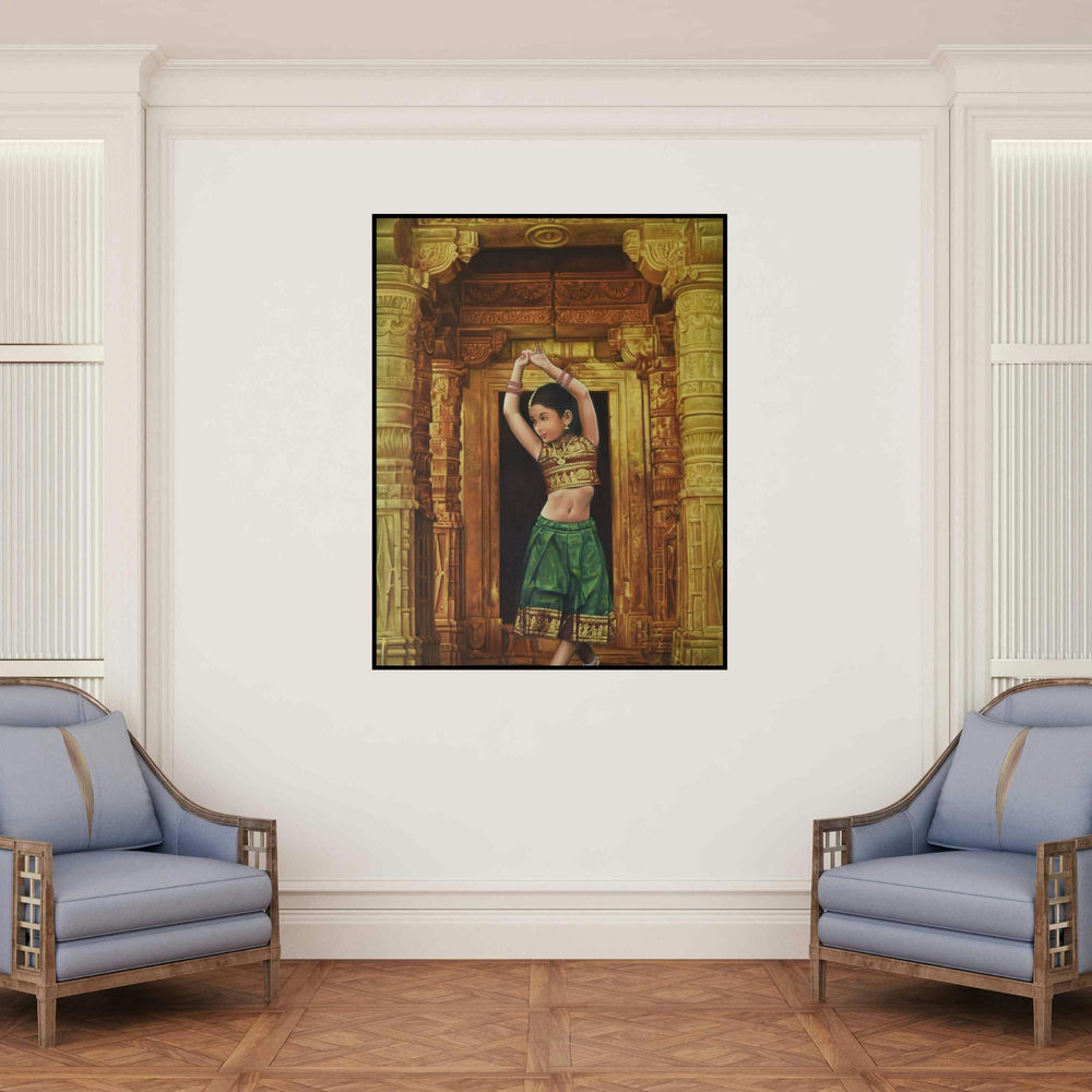 'Devotion (Graceful Pose)' painting by Kamal Rao shown on a wall in a furnished room.