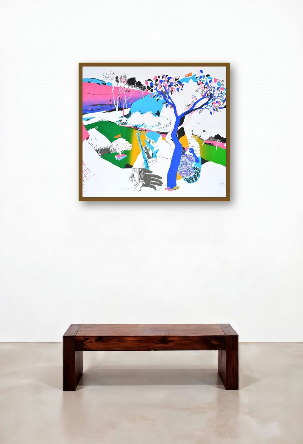 Devotion 2 (Village Life Scene) by artist Nabibakhsh Mansoori displayed in a Modern Library