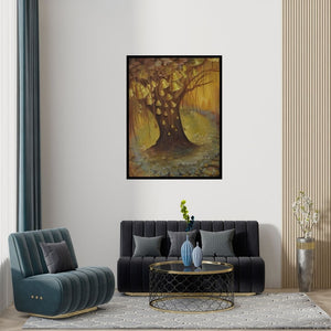 Preview of 'Devotion (Tree of Bells)' Painting by Durshit Bhaskar shown on a wall in a furnished room.