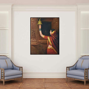 'Devotion (Divine Abode Mata Vaishno Devi Shrine)' painting by Kamal Rao shown on a wall in a furnished room.