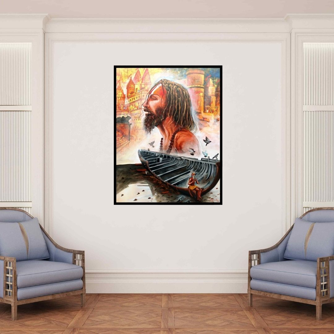 In-situ view of Arjun Das's 'Devotion Of Banaras Ghat (Varanasi Sadhu)' painting in a room