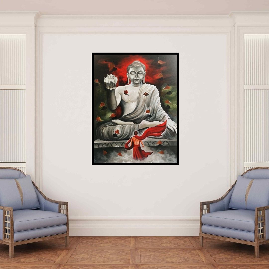 In-situ view of Arjun Das's 'Devotion Of Buddha' painting in a room