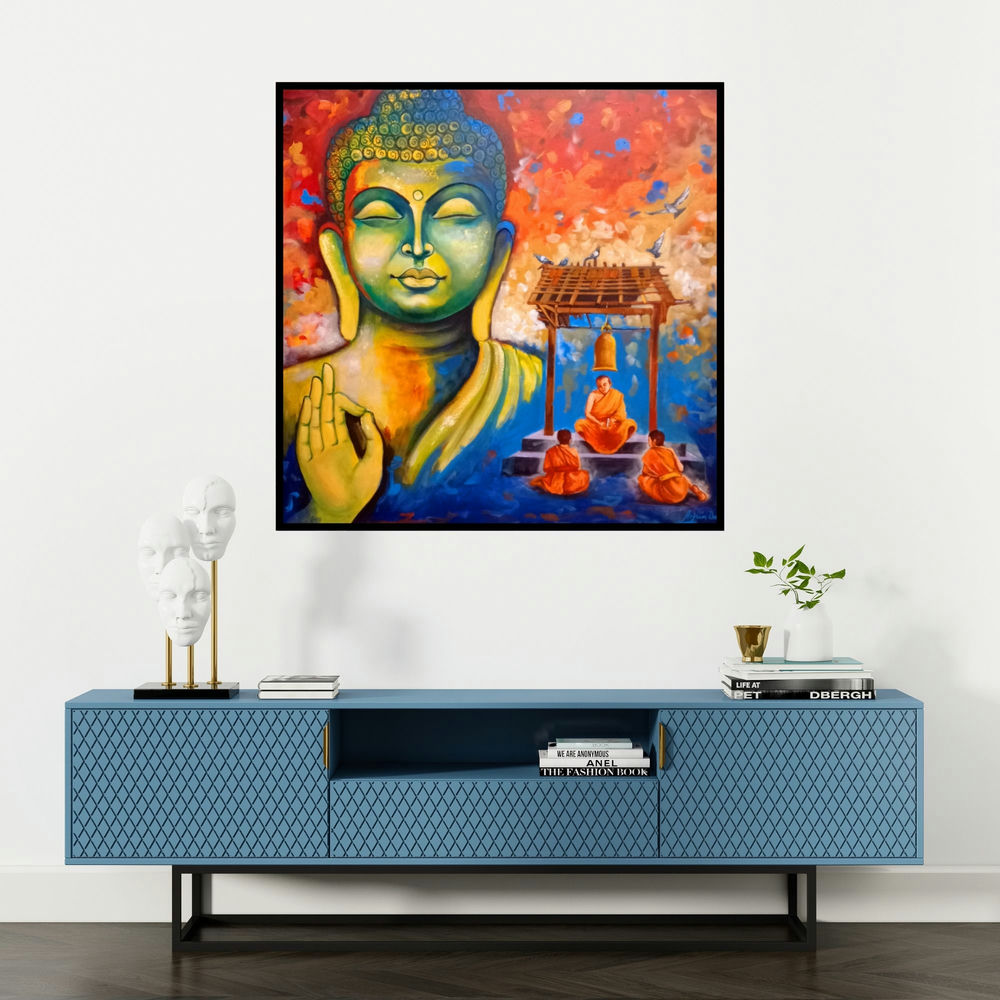 'Devotion Of Buddha 10' painting by Arjun Das shown on a wall in a furnished room.