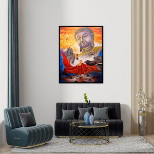 Preview of 'Devotion Of Buddha 10 (Melodies of Vrindavan)' Painting by Arjun Das shown on a wall in a furnished room.